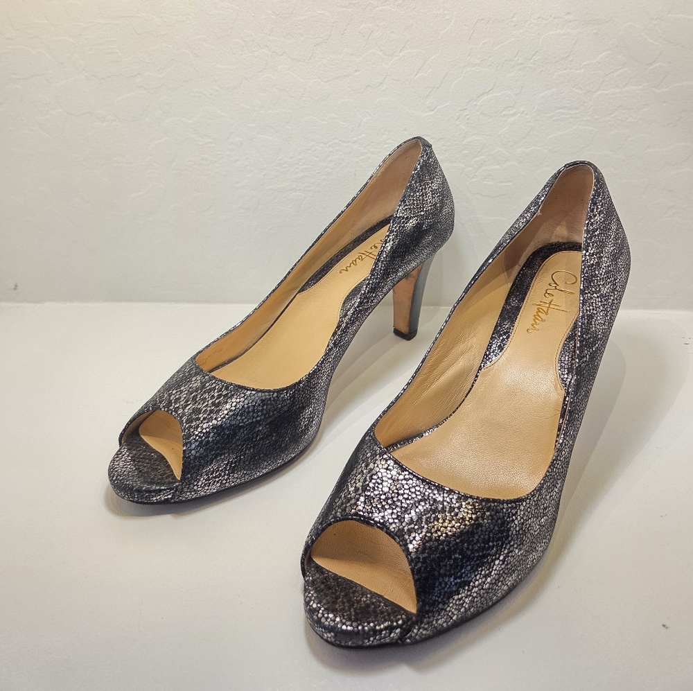 Cole Haan Metallic Leather Peep Toe Heels